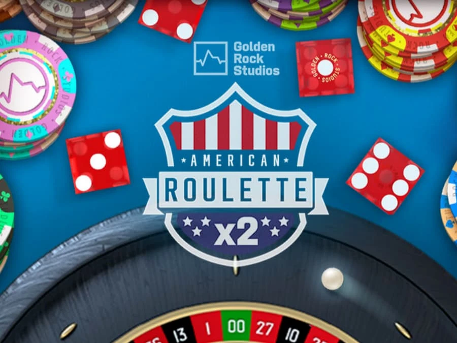 Roulette themed table game featuring a roulette wheel surrounded by dice and poker chips.