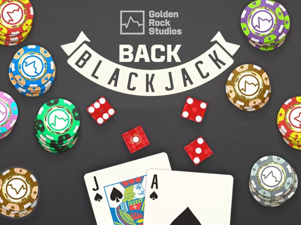 Blackjack themed table game featuring an Ace of spades and Jack of spades pair surrounded by dice and poker chips.