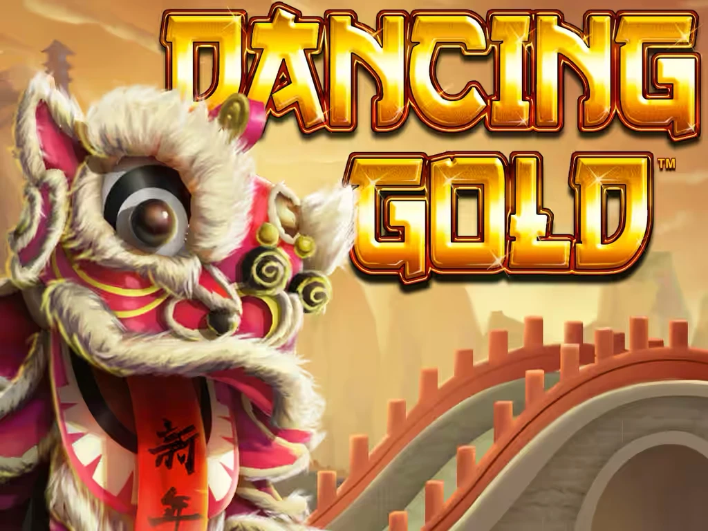  The lion dancing-themed fireshot inferno jackpot slots game Dancing Gold logo features a lion dancing mascot.