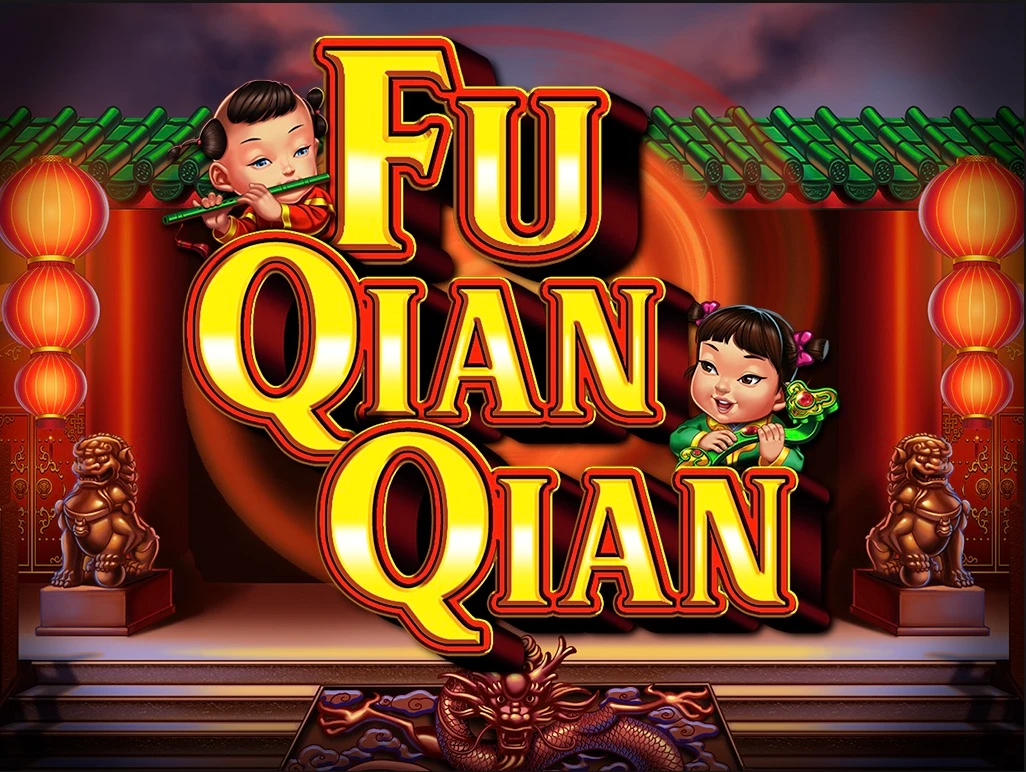 The Chinese-themed jackpot slots game Fu Qian Qian logo features a traditional Chinese temple backdrop and a lucky fortune babies.