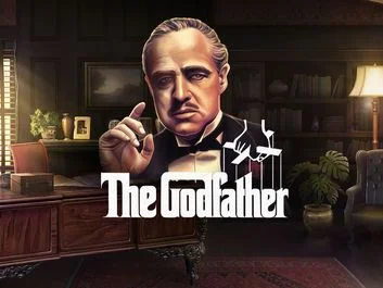 The crime-themed slots game The Godfather logo features a character from the popular movie The Godfather.