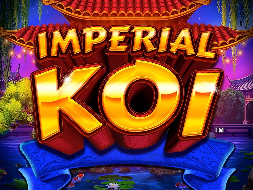 The koi fish-themed jackpot slots game Imperial Koi logo features a traditional Chinese backdrop and koi fish pond.