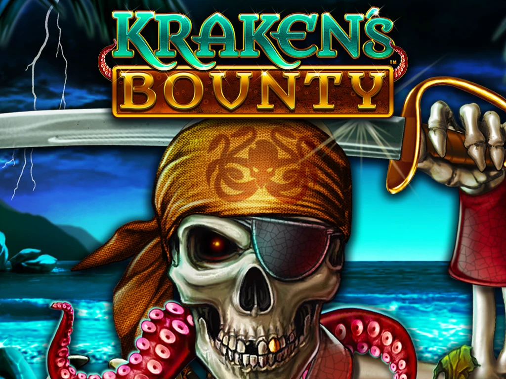  The pirate-themed jackpot slots game Kraken's Bounty logo features a skeleton pirate holding a sword.
