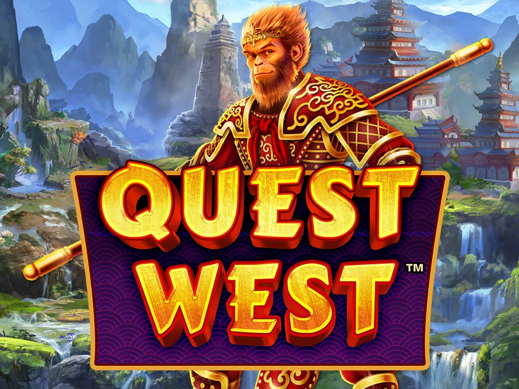  The ancient Asia-themed slots game Quest West logo features a monkey prince in warrior clothing.