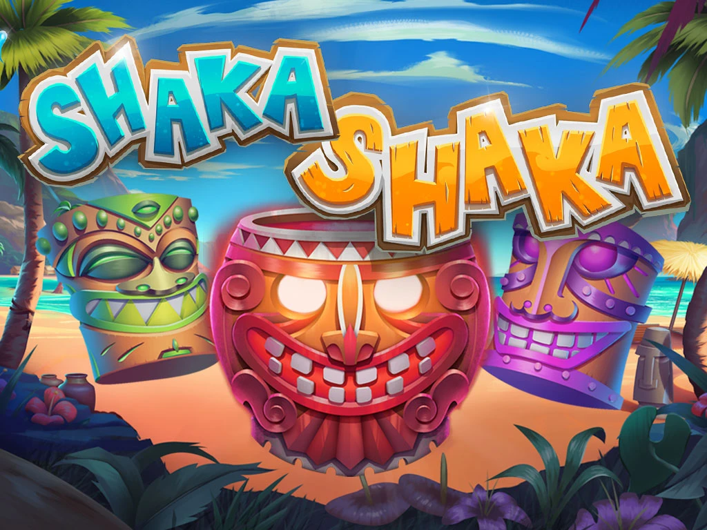 The Aztec-themed jackpot slots game Shaka Shaka logo features a tropical backdrop and three colourful Aztec totem poles.