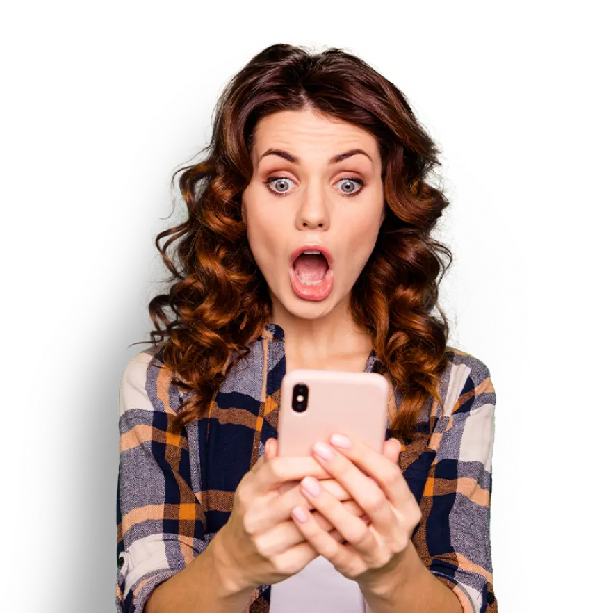 Shocked customer with mobile device