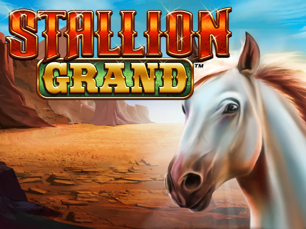  The stallion-themed fireshot inferno jackpot slots game Stallion Grand logo features a white horse.