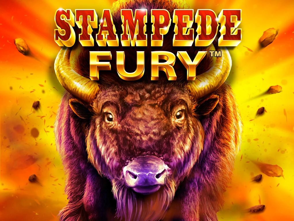  The buffalo-themed slots game Stampede Fury logo features a buffalo stampede.
