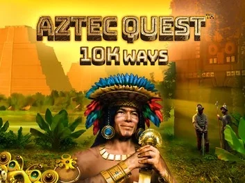 The Aztec jungle-themed jackpot slots game Aztec Quest 10k Ways logo features a jungle backdrop and a Jaguar warrior.