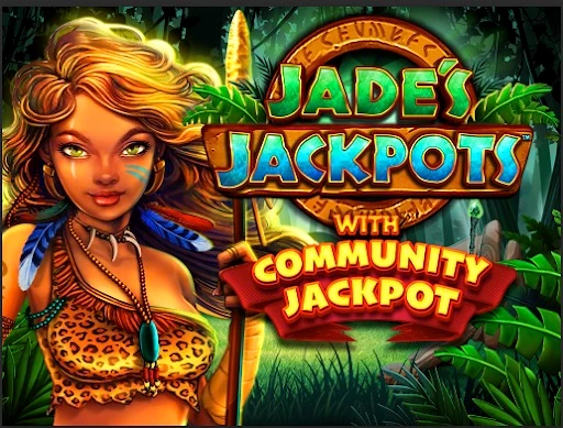The jungle-themed jackpot slots game Jade's Jackpots logo features a lush jungle backdrop and a female warrior.
