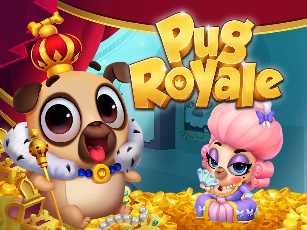  The pug dog-themed slots game Pug Royale logo features a king and queen pug sitting amongst gold treasures.