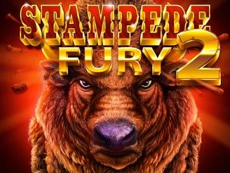 The buffalo-themed jackpot slots game Stampede Fury 2 logo features a buffalo stampede.