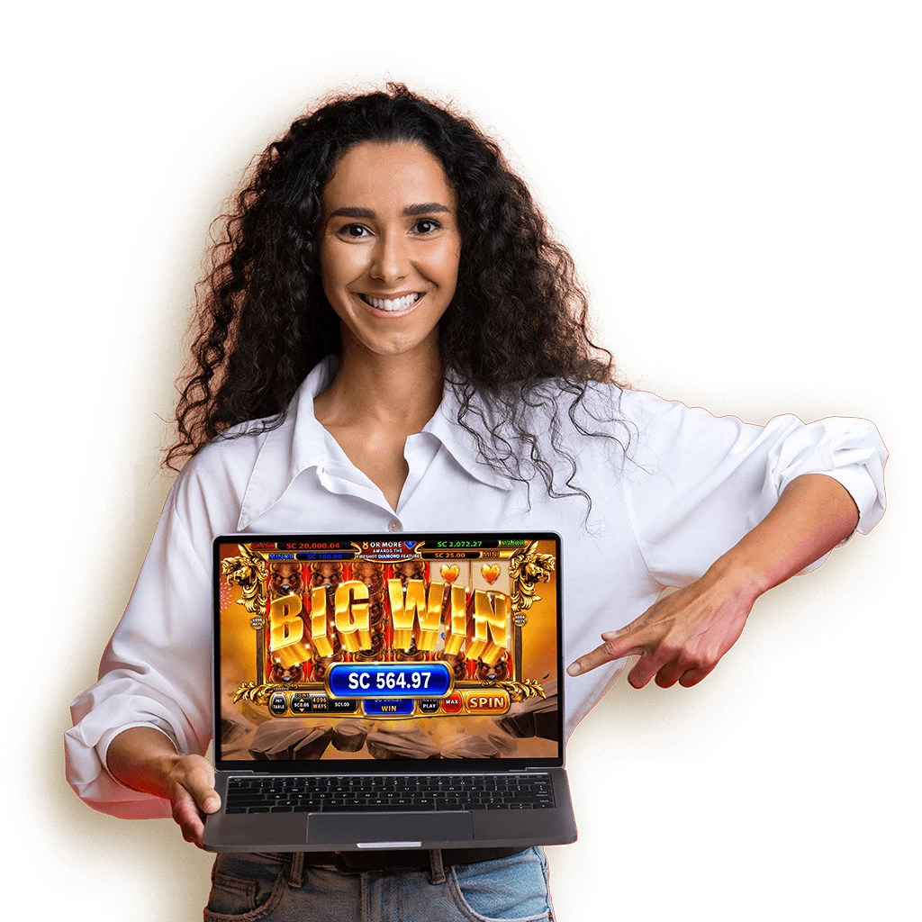 A Chumba Casino gameplay winner, holding a laptop with a sweeps coins big win, shows one of the numerous reasons to play at Chumba Casino.