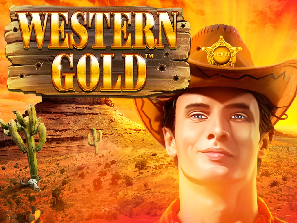  The Western-themed progressive jackpots slots game Western Gold logo features a man in a cowboy hat.