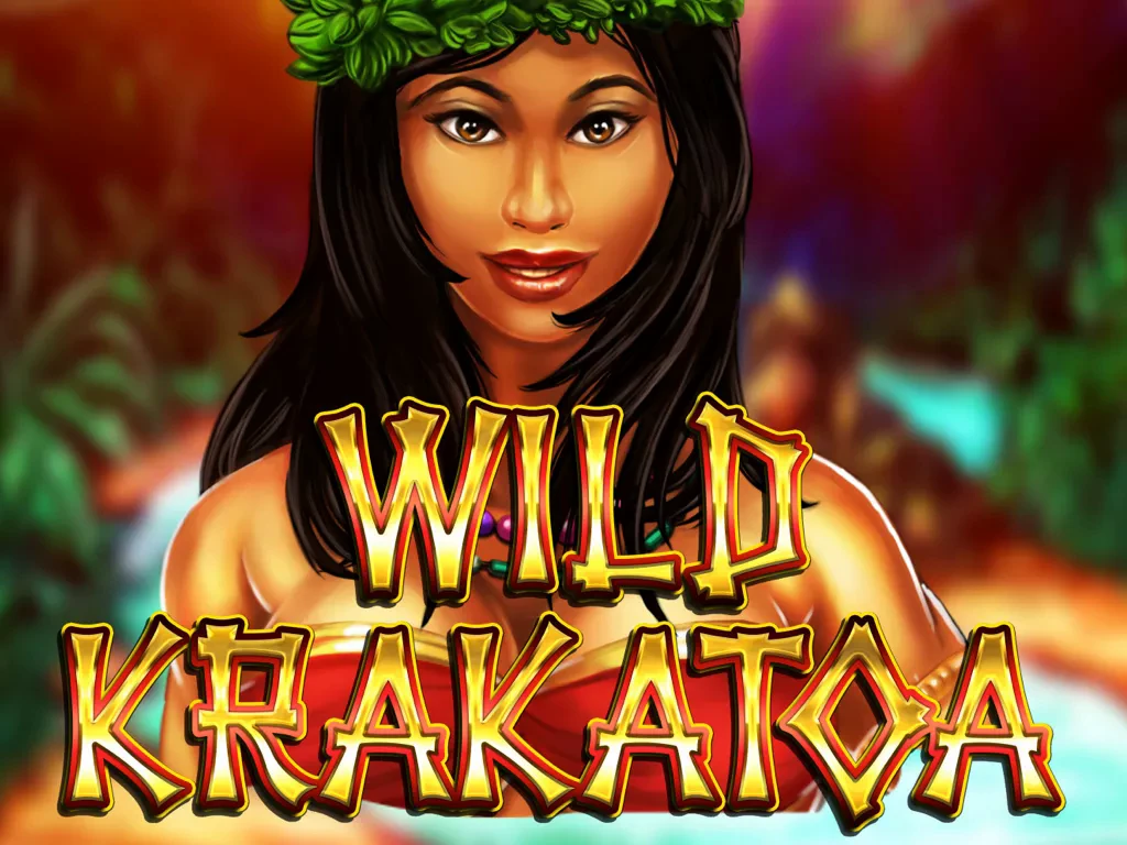  The volcano-themed slots game Wild Krakatoa logo features a woman on an island with a leafy wreath.